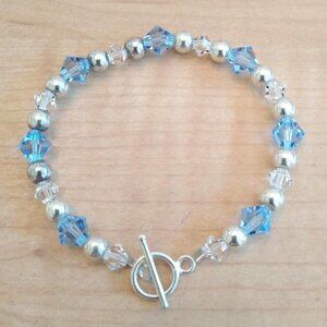 Sterling Silver 925 Sparkly Blue & Clear Crystal Bead Bracelet
